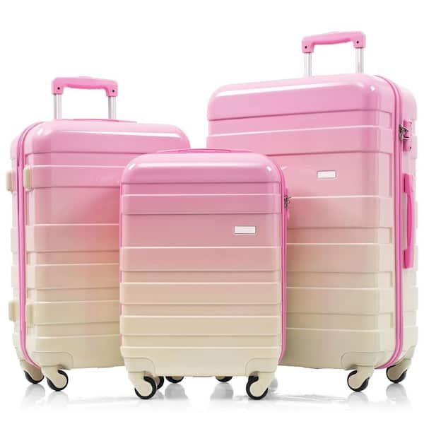 Lightweight Durable 3 Bags 3-Piece Pink and Yellow ABS Hardshell Spinner Luggage Set with TSA Lock