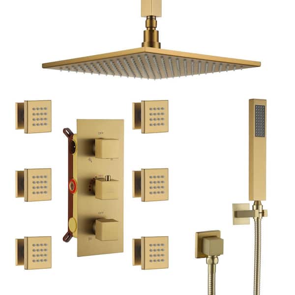 Boyel Living 1-Spray 12 in. LED Thermostatic Dual Shower Head and Handheld Shower Head Ceiling Mount 2.5 GPM with Jet in Brushed Gold