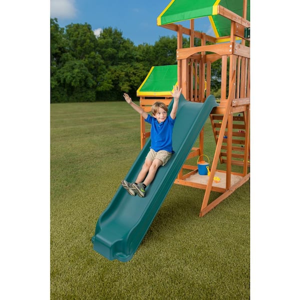 Woodlands Complete Wooden Swing Set with Rock Wall, Picnic Table, Slide and Playset