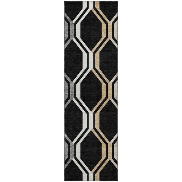 Mayfield Premium Machine Washable Abstract AMF2326 Black 2 ft. x 7 ft. Runner Rug