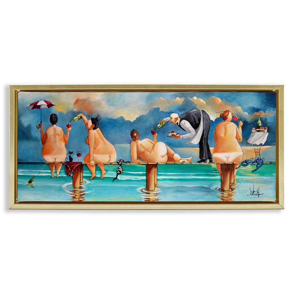 Nude Ladies Fun at Beach by Ronald West 1-Piece Gold Floater Frame People Graphic Art Print 11 in. x 25 in. price history on PriceWatchPro