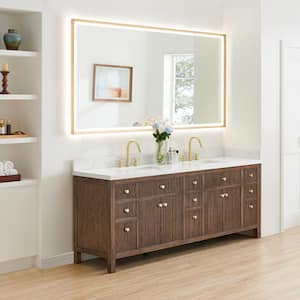 Cerrito 84 in. Double Sink Freestanding Brown Oak Bath Vanity with Grain White Engineered Stone Top Assembled and Mirror