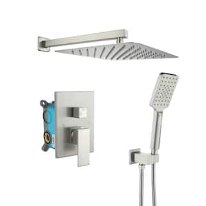 Square 3-Spray Patterns 10 in. Wall Mount Rain Dual Shower Heads with Handheld and Valve in Brushed Nickel