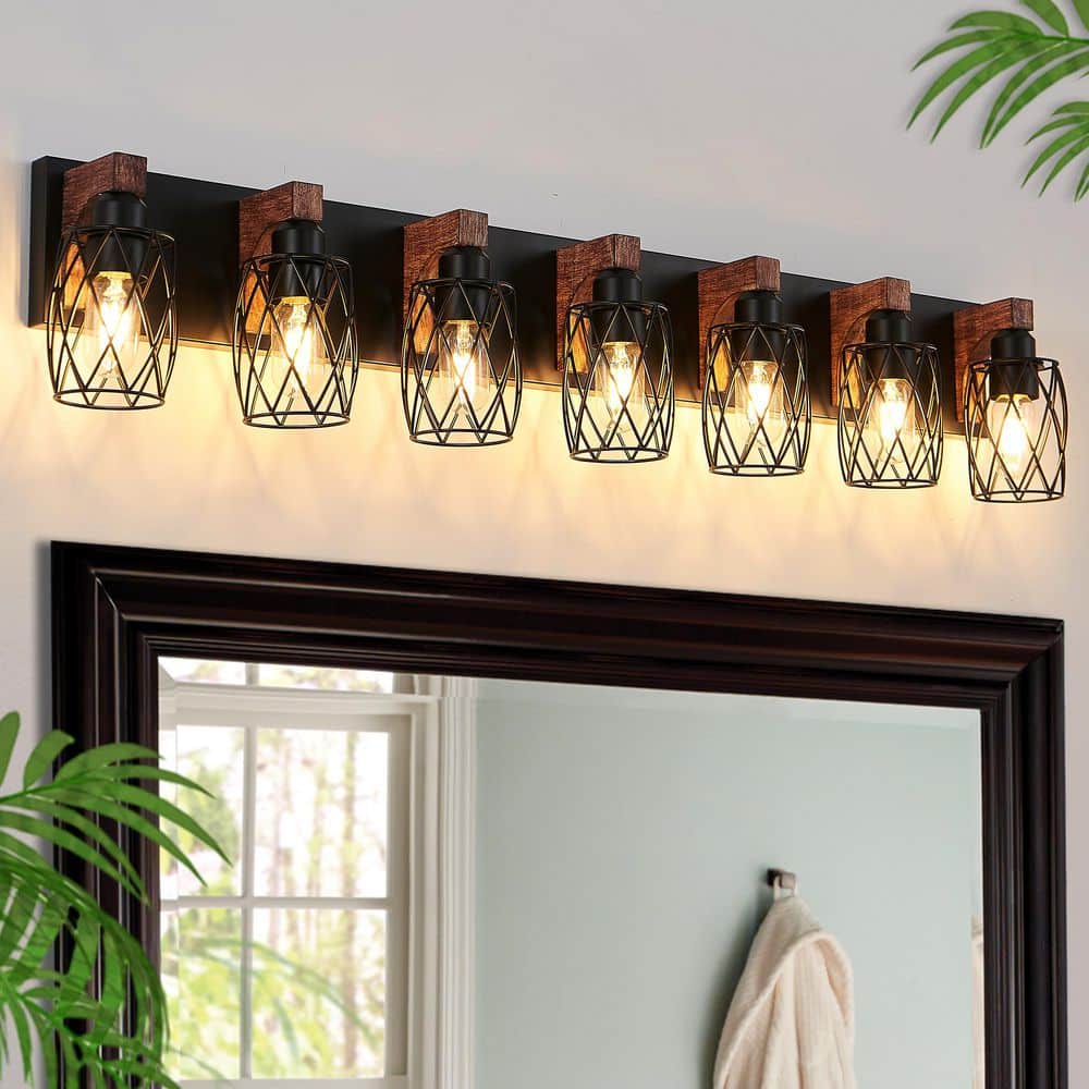 44 in. 7-Light Black Vanity Light with Wood Accents and Drum Metal Cage Shade price history on PriceWatchPro