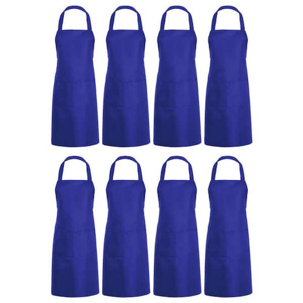 Blue Plain Bib Decor Apron with 2 Pockets for Kitchen, Cooking, Restaurant, BBQ, Painting and Crafting (8-Pack)