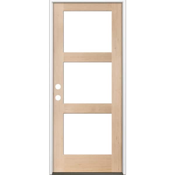 Krosswood Doors 36 in. x 80 in. Modern Hemlock Right-Hand/Inswing 3-Lite Clear Glass Unfinished Wood Prehung Front Door