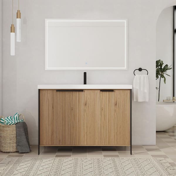 48 in. Freestanding Single Beige Bath Vanity with White Resin Top Unassembled