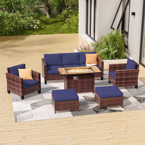 6-Pieces Patio Conversation Set with Rectangle Fire Pit Table and Ottomans, PE Brown Wicker Sofa with Navy Blue Cushion