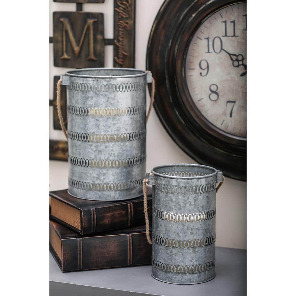 Elegant Coastal Grey Metal Candle Lantern Set, 10" and 12"
