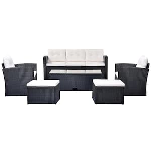 Wicker 7 Seat 6-Piece Outdoor Patio Conversation Set with White Cushions and Coffee Table, for Garden, backyard