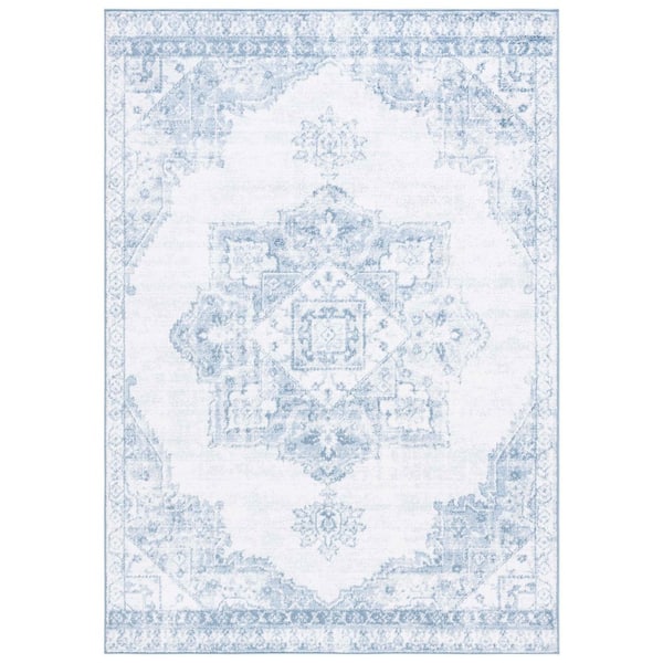 Layla 5 ft. x 8 ft. Ivory Gray/Blue Border Ornate Medallion Area Rug
