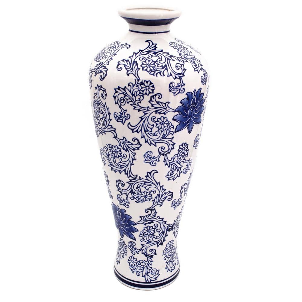20 in. Blue Garden Tall White Lotus Shoulder Vase