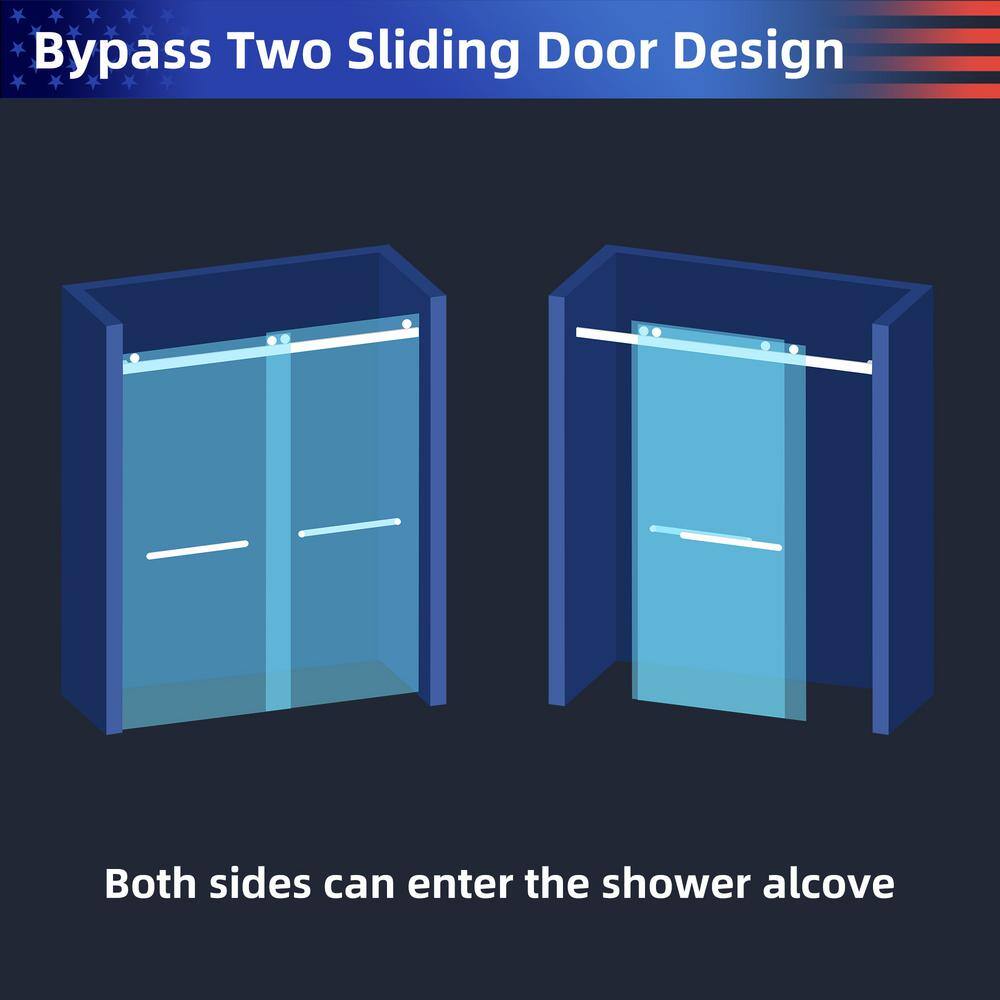 Chrome Frameless Sliding Shower Door with Tempered Glass, 60 x 76 inches