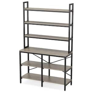 Eulas 70.8 in. Tall Retro Gray Wood 6-Shelf Etagere Standard Bookcase with Black Metal Frame