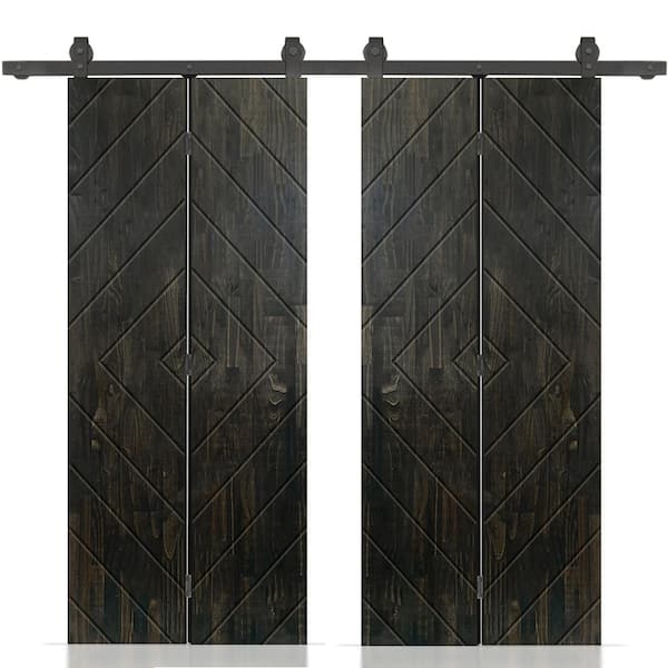 Diamond 68 in. x 84 in. Charcoal Black Stained Hollow Core Pine Wood Double Bi-Fold Door with Sliding Hardware Kit