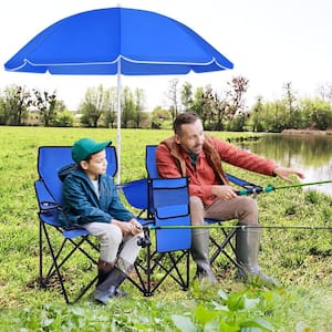 Blue Portable Folding Picnic Double Chair with Umbrella for Beach Patio Pool Park Outdoor Portable Camping Chair