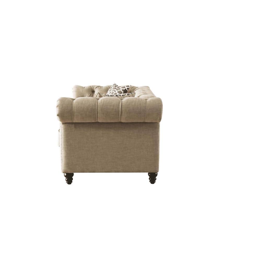 Beige Linen Tufted Loveseat with Nailhead Trim
