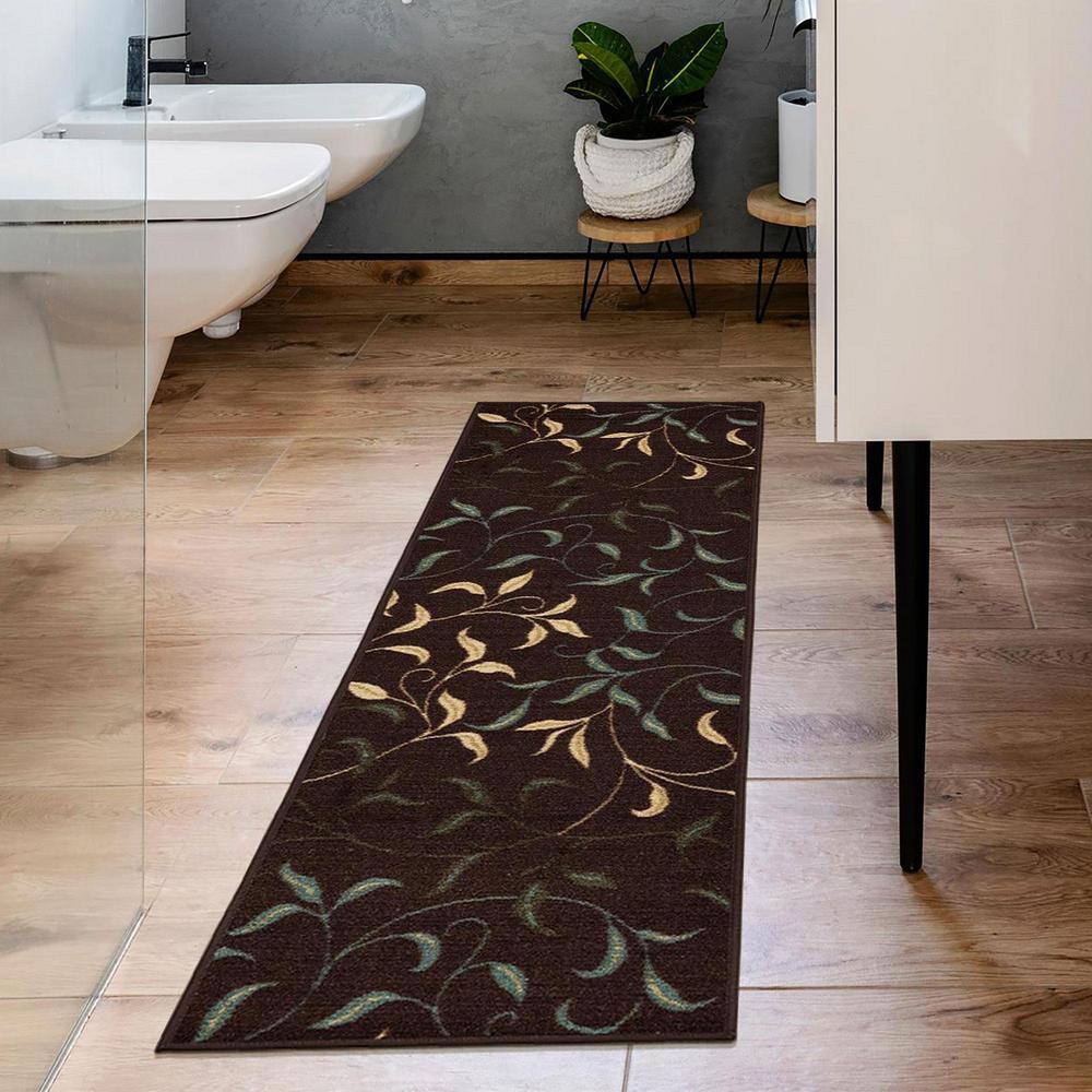 Dark Brown Runner Rug with Beige and Green Leaves Design