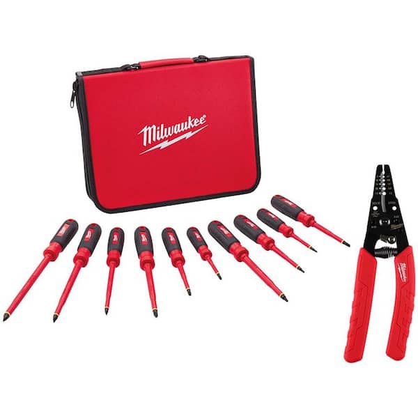 Milwaukee 1000-Volt Insulated Screwdriver Set with Case with 10-18 AWG Comfort Grip Wire Stripper and Cutter (11-Piece)