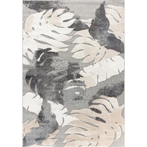 Arles Palm Floral Leaves Gray 7 ft. 10 in. x 10 ft. Indoor/Outdoor Area Rug