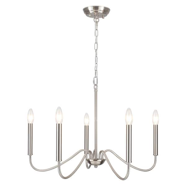 5-Light Nickel/Sliver Candle Design Hanging Linear Chandelier Lighting for Kitchen Island