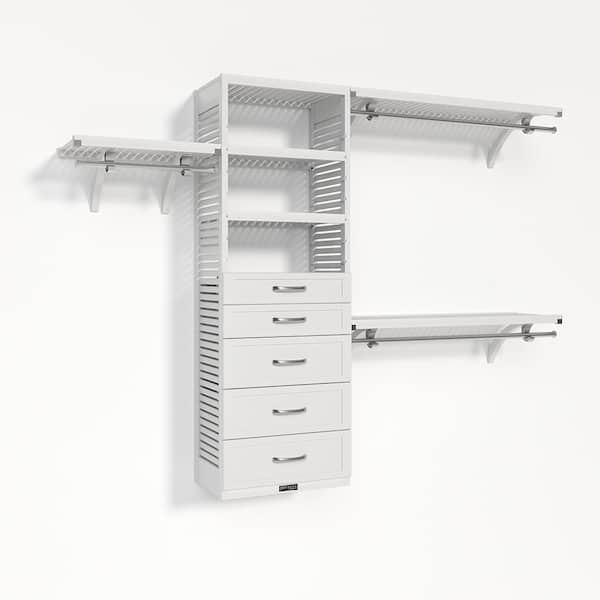 72 in. W-120 in. W White Walk in with 5 Shaker Style Drawers 16 in.-Shelf Wood Closet System
