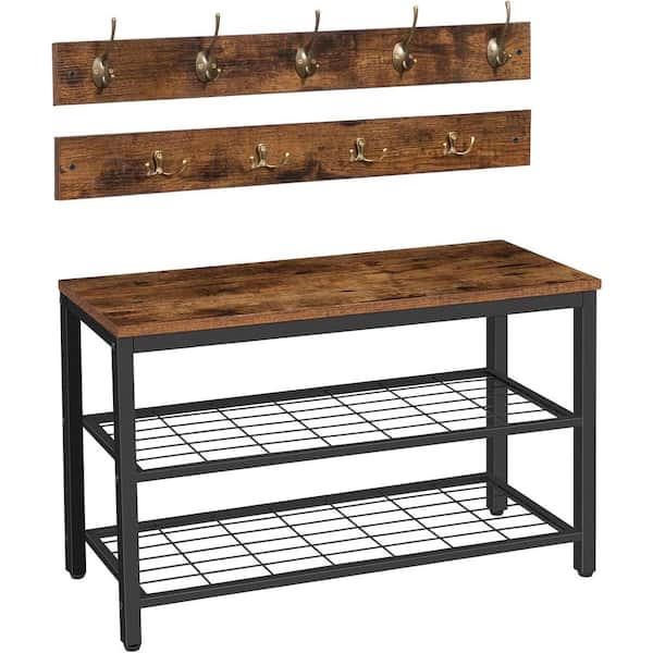 Cubilan 27.6 in. W x 11.8 in. D Rustic Brown Wood Decorative Wall Shelf Coat Hooks Shoe Bench Set for Wall