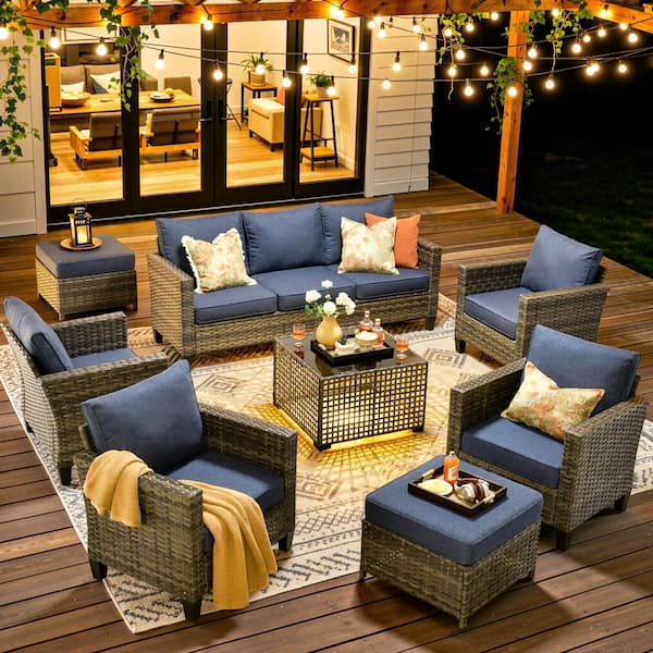 New Vultros Gray 8-Piece Wicker Patio Conversation Set with Denim Blue Cushions and Solar LED Coffee Table