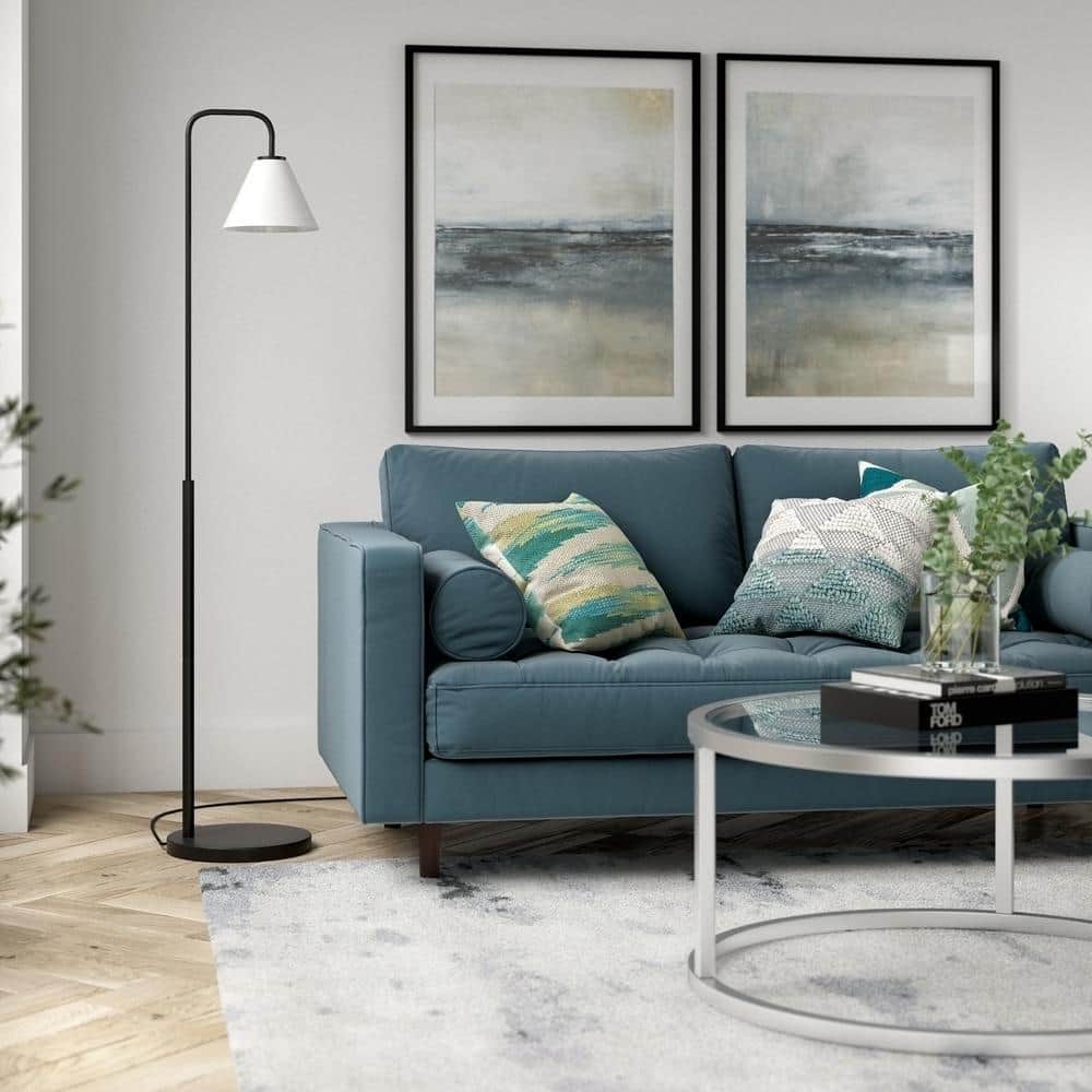 Henderson Voice-Controlled Blackened Bronze Arc Floor Lamp with White Milk Glass Shade