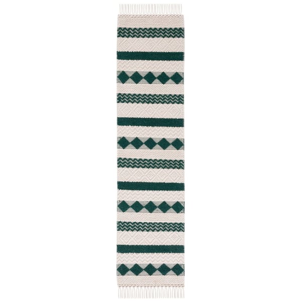Natura 2 ft. x 9 ft. Ivory/Green Diamond Striped Runner Rug