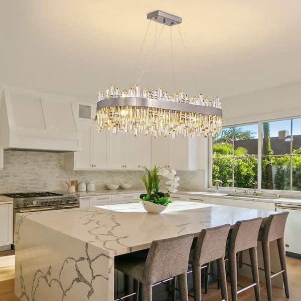 35.4 in. Dimmable 16-Light Crystal Chandelier Modern Chrome Ellipse Chandelier with Clear Crystal Accents