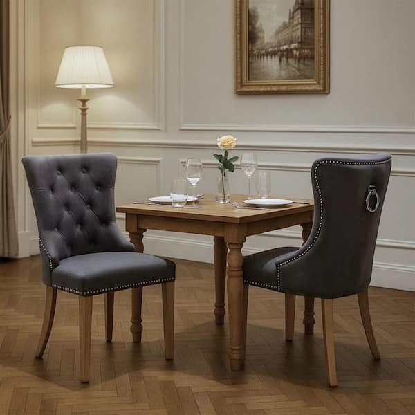 Troyes Tufted Wingback Upholstered Dining Chairs with Nailhead Trim and Wooden Legs in Light Gray (Set of 2)