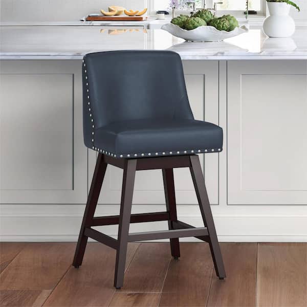 OrangeOne Hampton 26 in. Solid Wood Navy Blue Swivel Bar Stools with Back Faux Leather Upholstered Counter Bar stool Set of 1