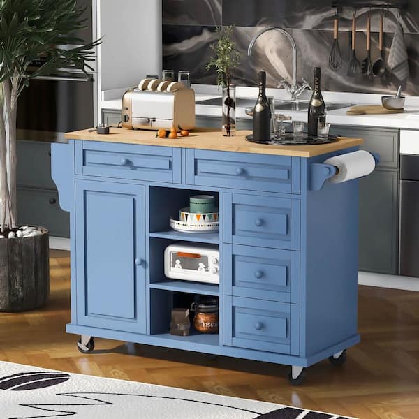 Unbranded Blue Rubber Wood Desktop 53 in. W Kitchen Island on 5-Wheels with Storage and 5-Drawers
