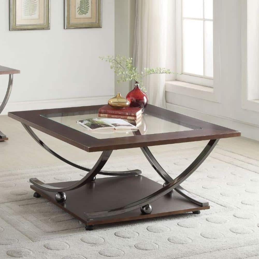 36" Black Nickel and Clear Glass Square Coffee Table with Storage