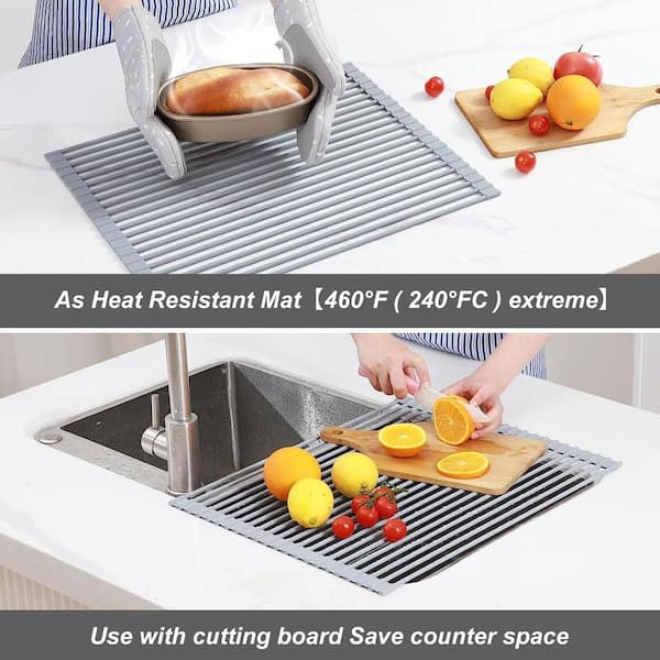 BWE 20.5 in x 13 in Roll Up Kitchen Sink Drying Dish Rack Foldable Drainer for Sink Counter Cups Fruits Vegetables in Gray