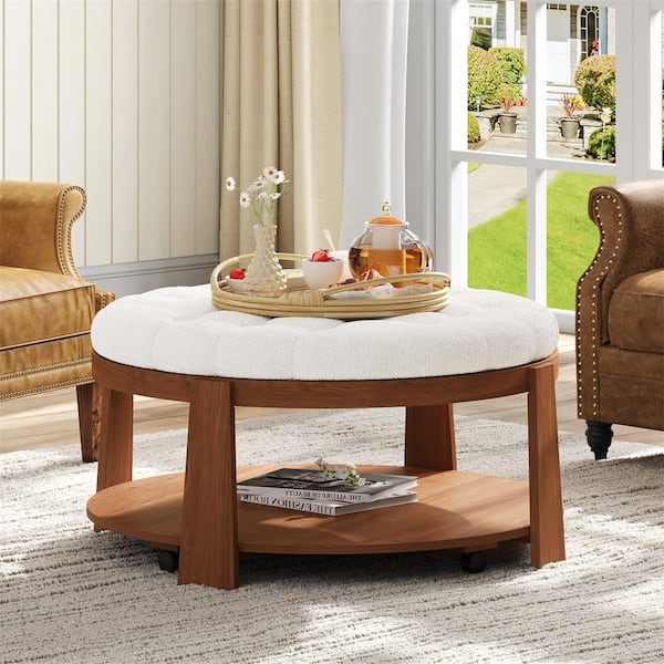 Harper & Bright Designs 36 in. Ivory White Round Button Tufted Ottoman Foam Coffee Table with Wood Shelf, Footrest with Wheels