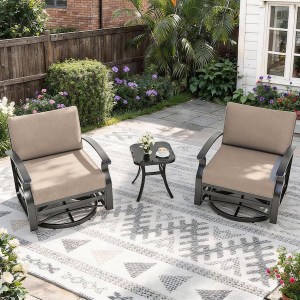 3-Piece Aluminum Outdoor Rocking Chair Set with Swivel, Black Tempered Glass Table Top and Cushion Khaki