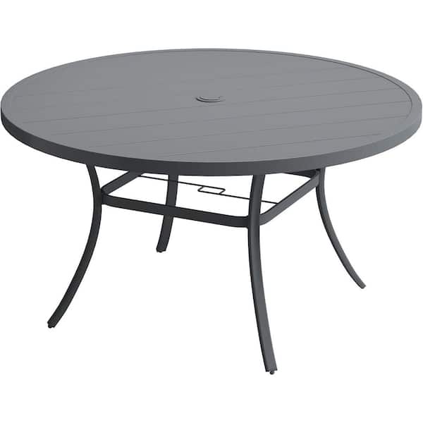 Zeus & Ruta 53 in. Round Metal Outdoor Dining Table with Umbrella Hole and Storage Shelf in Dark Gray