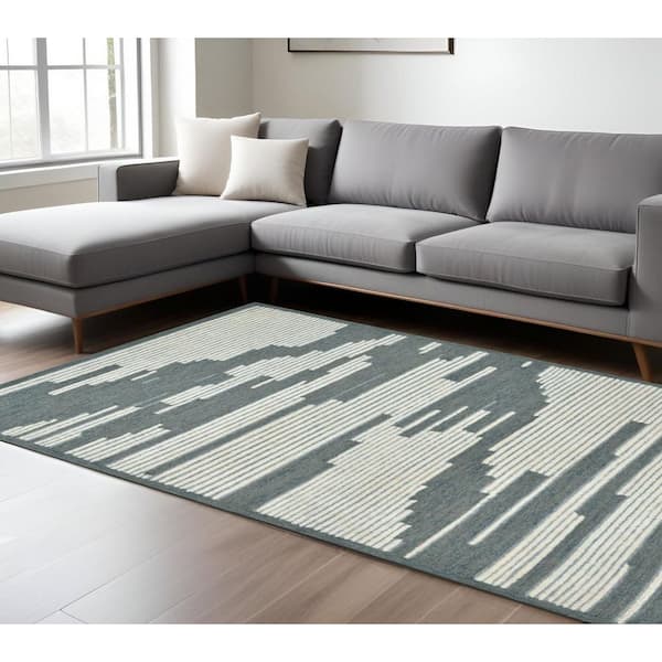 8 ft. x 10 ft. Blue And Ivory Wool Abstract Hand Hooked Area Rug