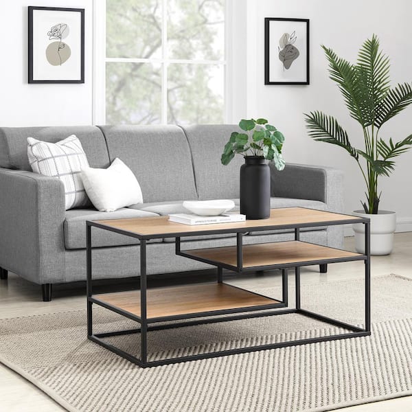 Walker Edison Furniture Company 40 in. Coastal Oak/Black Metal Modern Rectangle Coffee Table with 2-Shelves