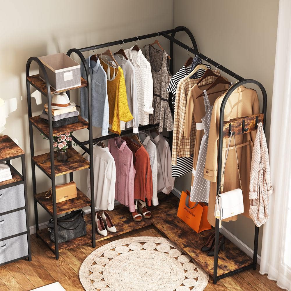Carmalita Rustic Brown and Black L-Shaped Corner Garment Rack Closet Organizer with Storage Shelves and Coat Rack - thumbnail 4