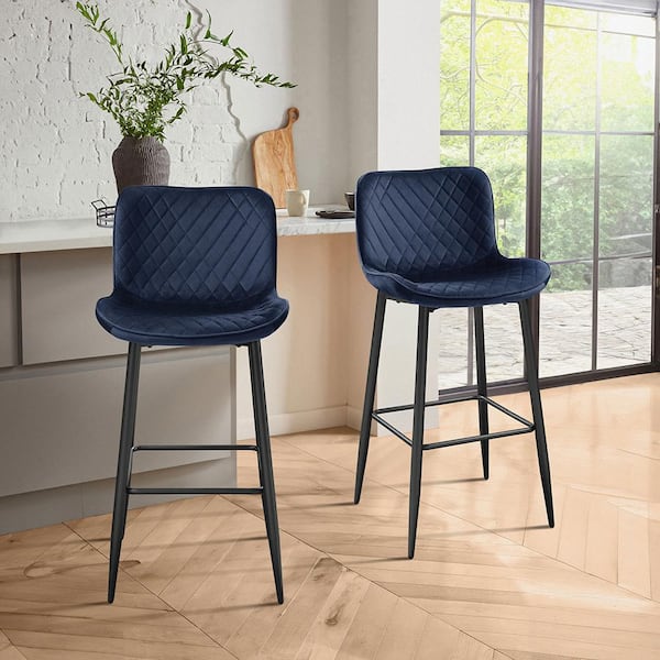 Lazzara Chevre 29 in. Black Metal Pub Height Chair with Blue Velvet Seat (Set of 2)