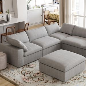 118 in. Square Arm 5-Piece Linen L-Shaped Sectional Sofa Corner Cloud Couch in Gray with Ottoman