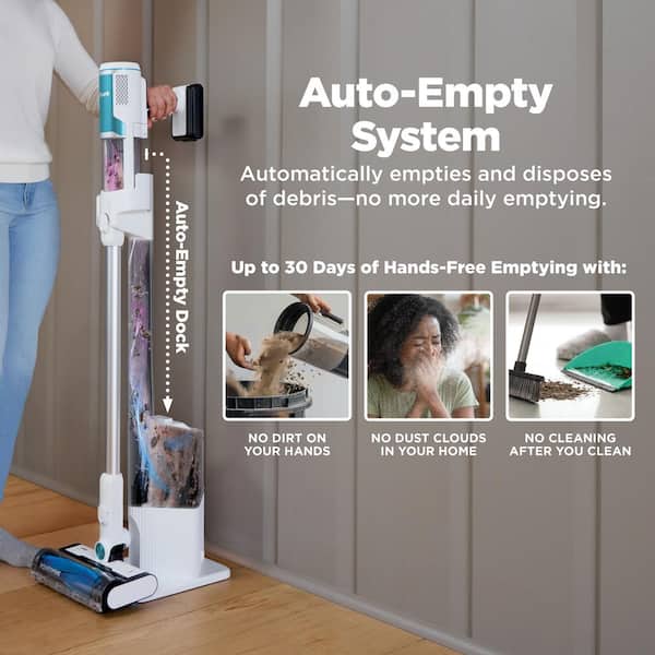 Clean and Empty Bagless Cordless HEPA Filtration Stick Vacuum and Auto-Empty System Multi-Surfaces in White/Peacock