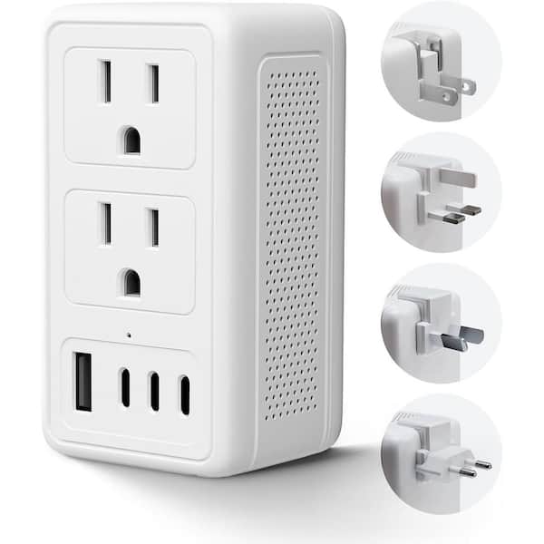 Lukyamzn 220V to 110V Converter Surge Protector Travel Adapter with 2-Outlets, 3 USB-C, 1 USB-A Ports and 5 Plugs in White