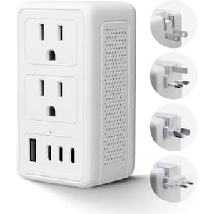 220V to 110V Converter Surge Protector Travel Adapter with 2-Outlets, 3 USB-C, 1 USB-A Ports and 5 Plugs in White