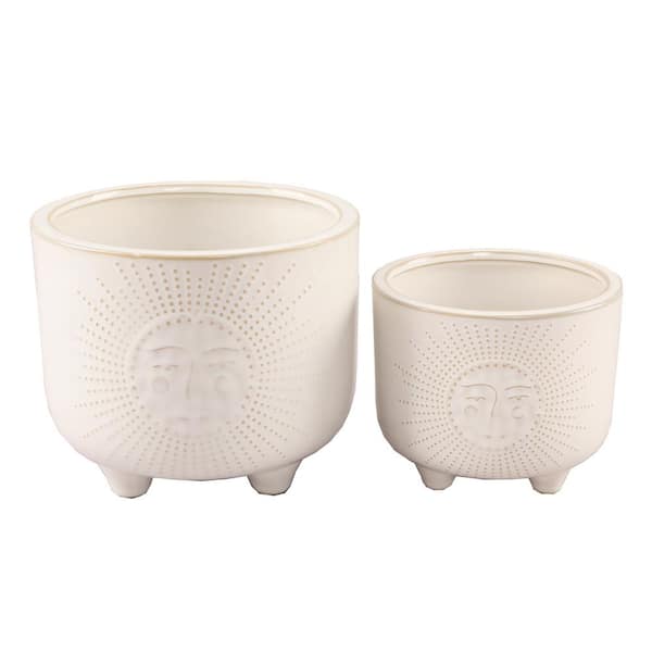 Flora Bunda 6 in. and 4.75 in. Ivory White Sunny Ceramic Plant Pot with Legs (Set of 2)