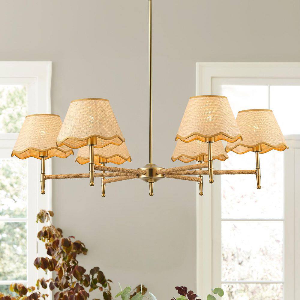 39.37 in. 6-Light Bohemian Rustic Farmhouse Gold Chandelier with Hand-Woven Lamp Shade price history on PriceWatchPro