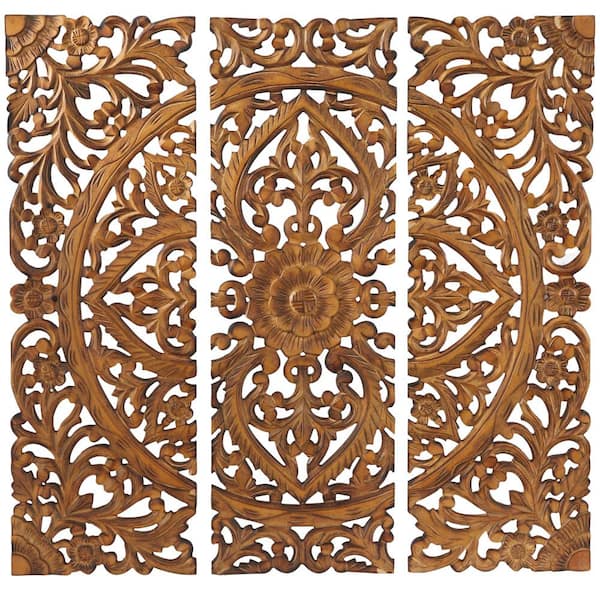 Litton Lane Wood Brown Handmade Intricately Carved Floral Wall ...